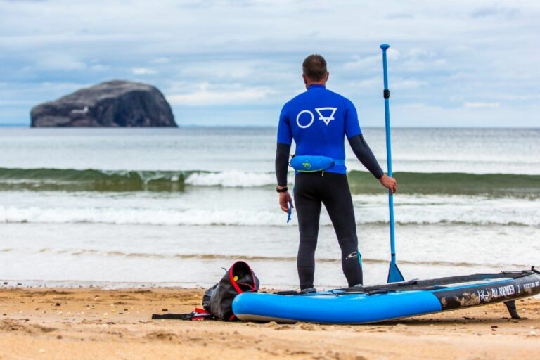paddle boarding SUP by the Bass Rock and Seacliff Beach in East Lothian  768x512
